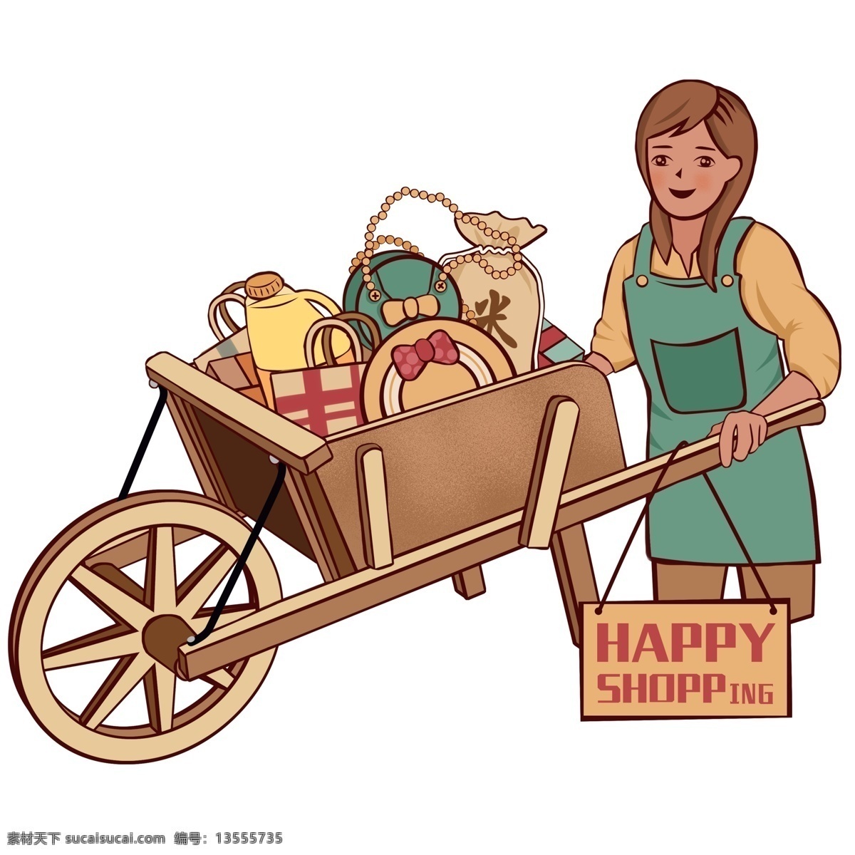 彩绘 推 着手 推车 采购 女人 复古 人物 商用 元素 双十二 手推车 插画 手绘 改革开放