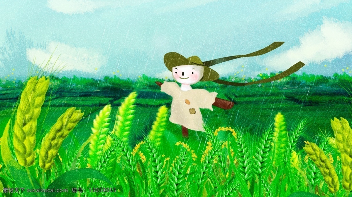 原创 唯美 清新 二十四节气 小满 小麦 插画 雨天 稻草人 麦子 小清新 朋友圈配图 电商配图 公众号配图