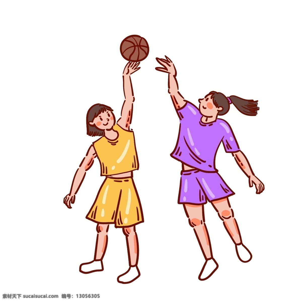 卡通 矢量 免 抠 可爱 篮球 人物 免抠 打篮球 女生 黄色 紫色 篮球衣 小白鞋 运动 夏季 快乐 开心 短发 马尾 运球