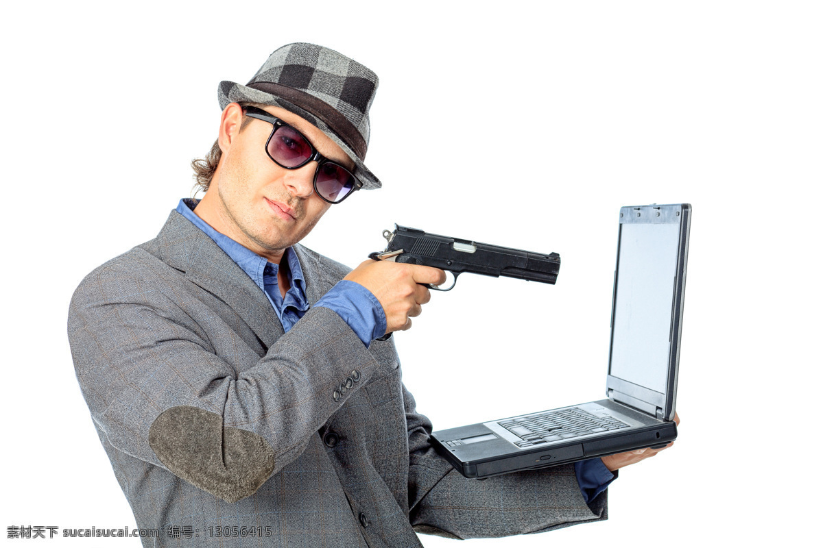 手枪 瞄准 笔记本 电脑 男人 笔记本电脑 礼帽 男人图片 人物图片
