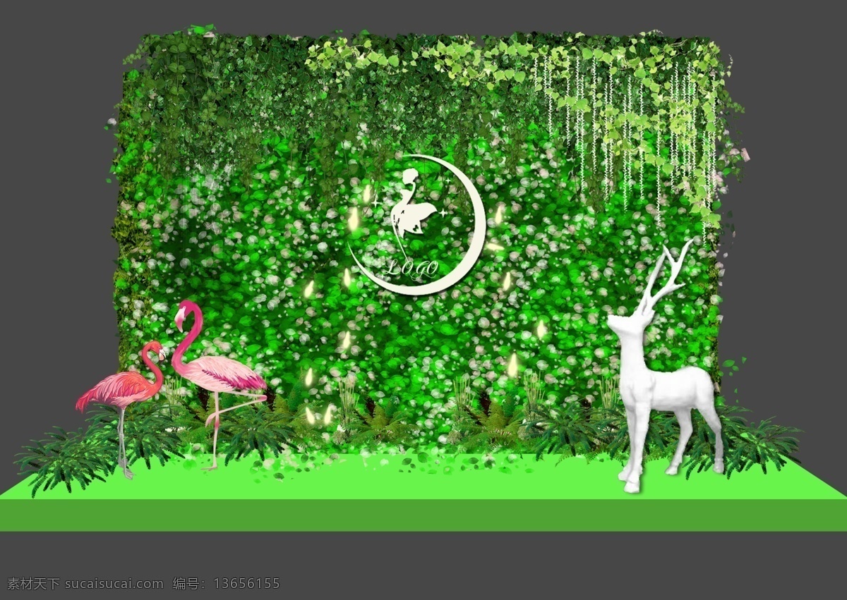森 系 火烈鸟 婚礼 效果图 绿色 迎宾背景 森系 鹿 深绿 绿植墙 白绿