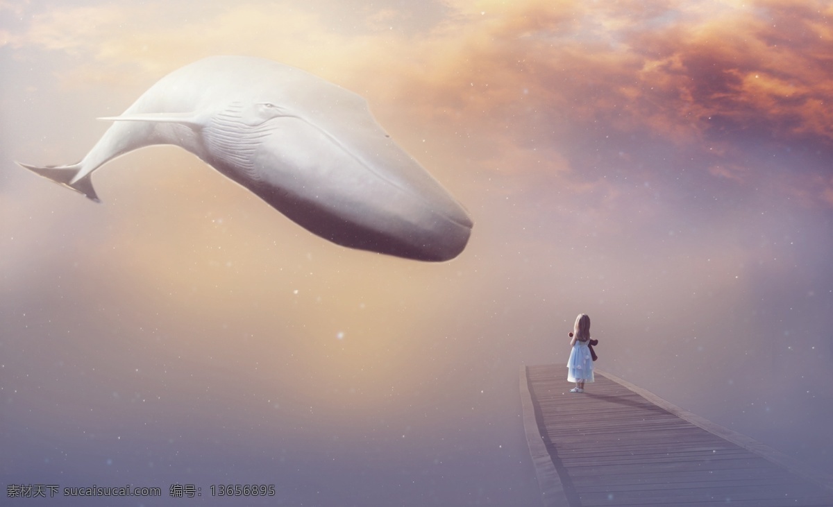 鲸鱼与女孩 梦幻 女孩 鲸鱼 天空 星空 桥梁 可爱 绚烂 飞翔 魔幻 奇幻 鱼 云彩 彩云 文化艺术