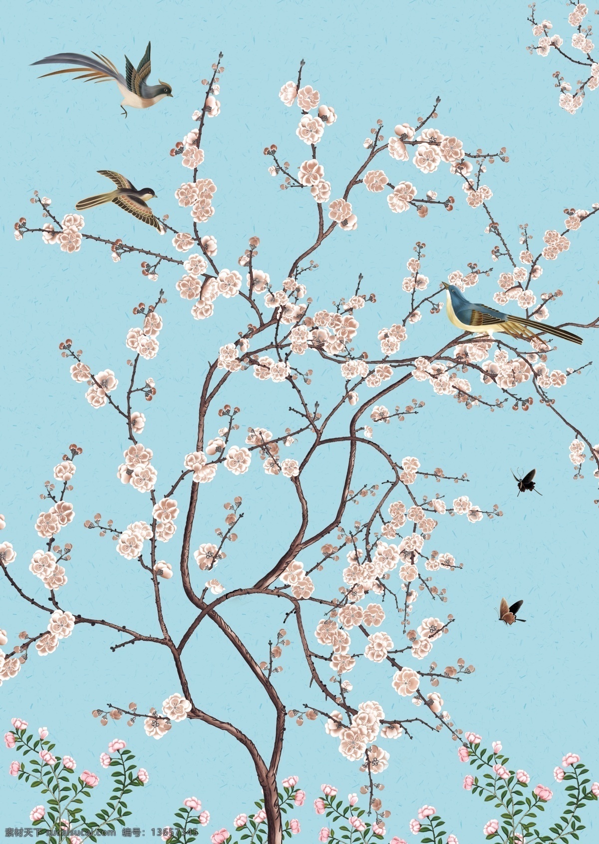 梅花 梅 花 鸟 背景墙 200x260cm 分层
