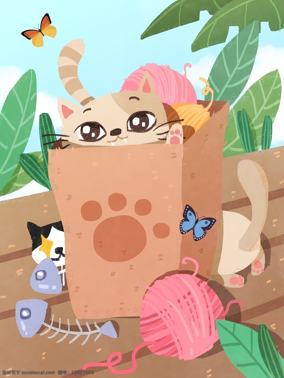 可爱 猫咪 小 清新 治愈 萌 宠 插画 唯美 蝴蝶 叶子 宠物 萌宠 小猫 动物 猫爪子 毛球 毛线 扁平 小清新 明信片 手绘 插图 手机插画 海报 萌系