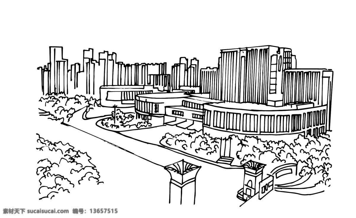 建筑 场景 手绘 线条 矢量 植物 俯视 角度 建筑场景 手绘线条 有植物 俯视角度