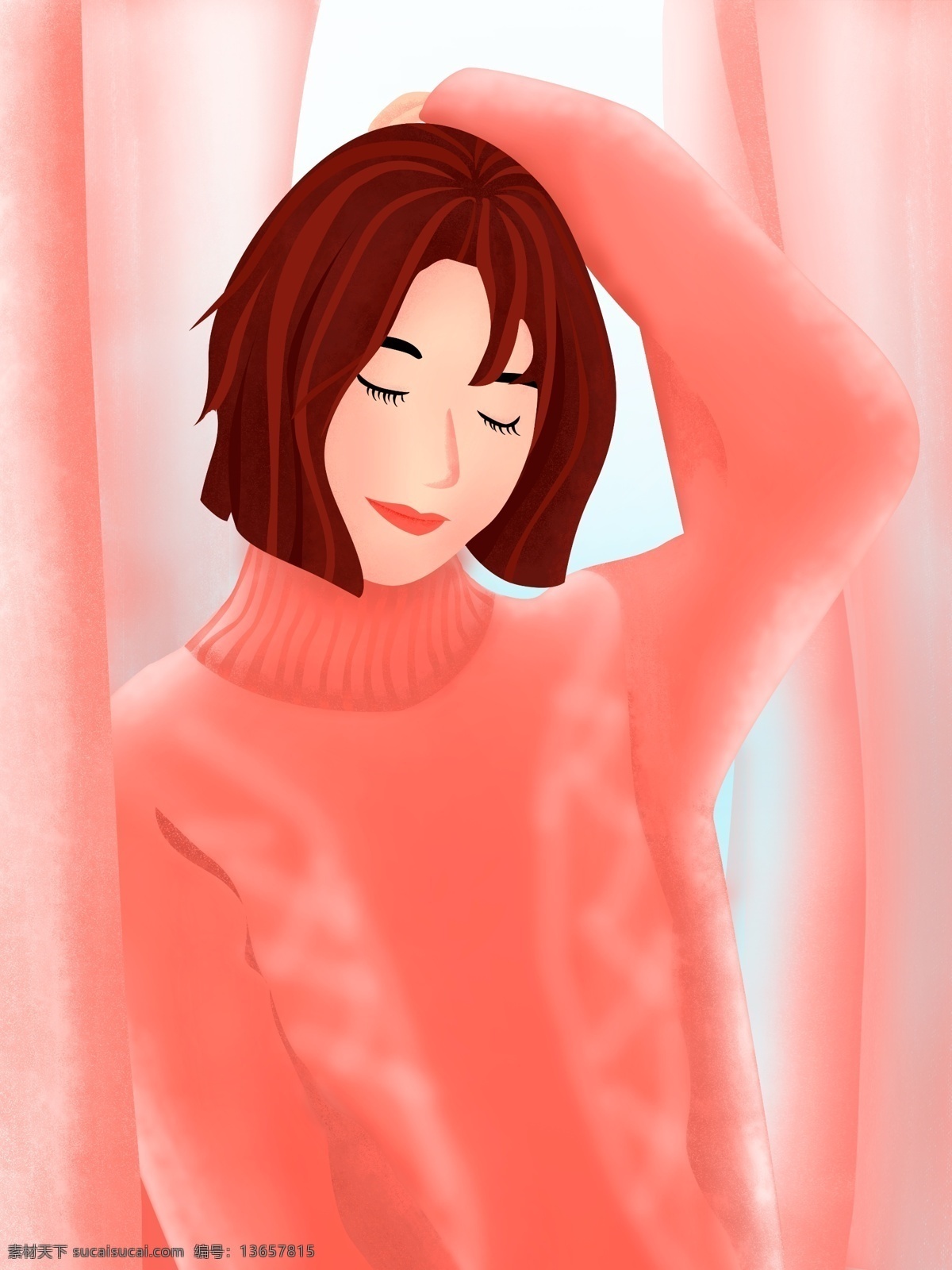 原创 流行色 珊瑚 橘 早安 女孩 海报 矢量图 插画 插图 女性 珊瑚橘 早晨 早 毛衣 舒适 舒服 手机用图 少女 女人