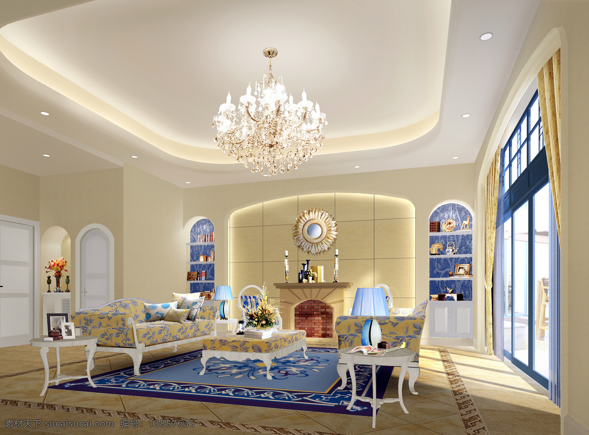 地中海客厅 地中海风格 客厅 天蓝色 回型顶 屏风 中西结合