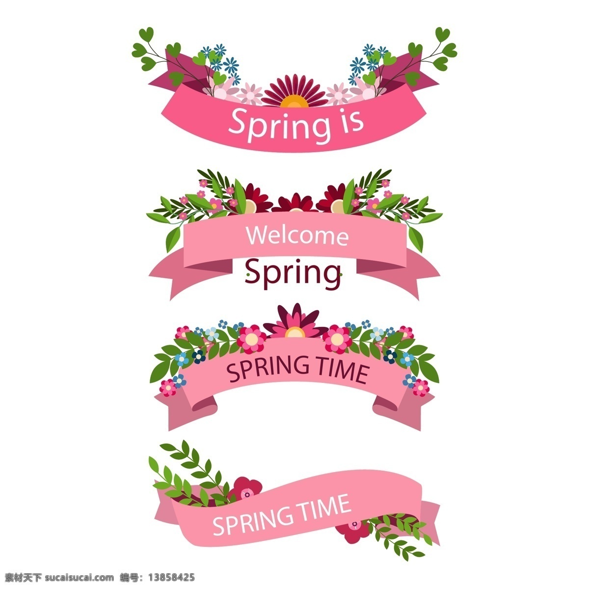 便签彩带 标签 彩色 春季 春天 粉色 花朵 花卉 卡通 立春 绿色 绿叶 绿植 浪漫 丝带 植物