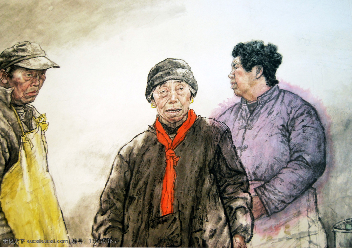 中国画人物 老人 商贩 赶集 绘画书法 文化艺术