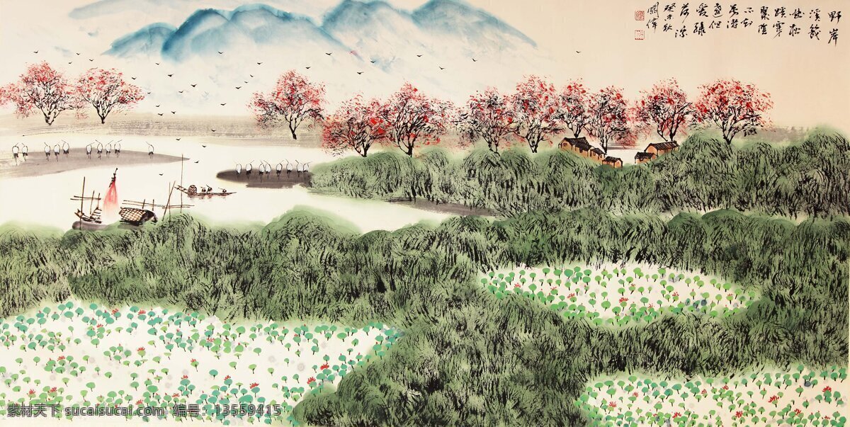 湖滨 春色 镜片 室内设计 写意山水画 中国画 设色纸本 关伟作品 平面广告 装饰设计 装饰素材 室内装饰用图