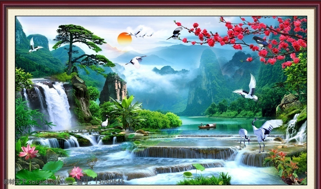 中式 迎客松 梅花 喜鹊 瀑布 荷花 莲花 红日 太阳 云雾 财源滚滚 流水生财 中式电视背景 分层