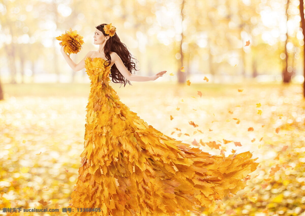 美女 黄色 枫叶 造型 树叶 落叶