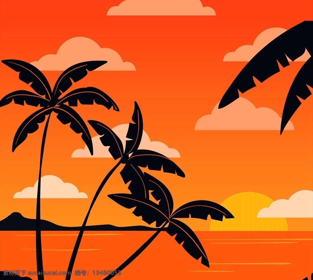 夕阳 下 椰子树 剪影 大海 太阳 岛屿 旅游 度假 源文件 矢量 高清图片