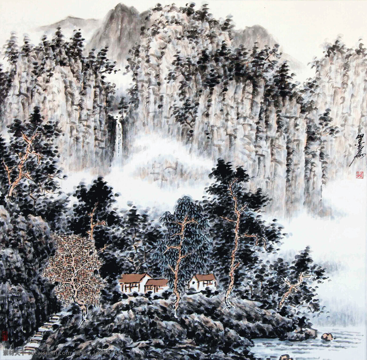 彩墨画 房屋 国画艺术 绘画书法 美术 瀑布 山峰 山岭 春山云涌 中国画 水墨画 江流 树木 山道 云雾 书法 印章 国画集40 文化艺术 装饰素材 雕刻 图案