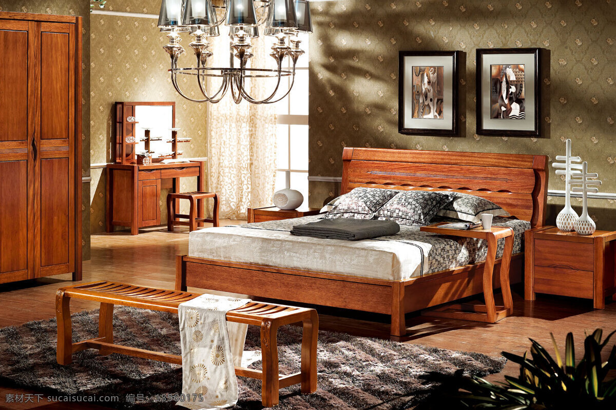 实木家具 床头柜 地毯 挂画 落地灯 梳妆台 衣柜 实木软床背景 实木软床 家居装饰素材 室内设计