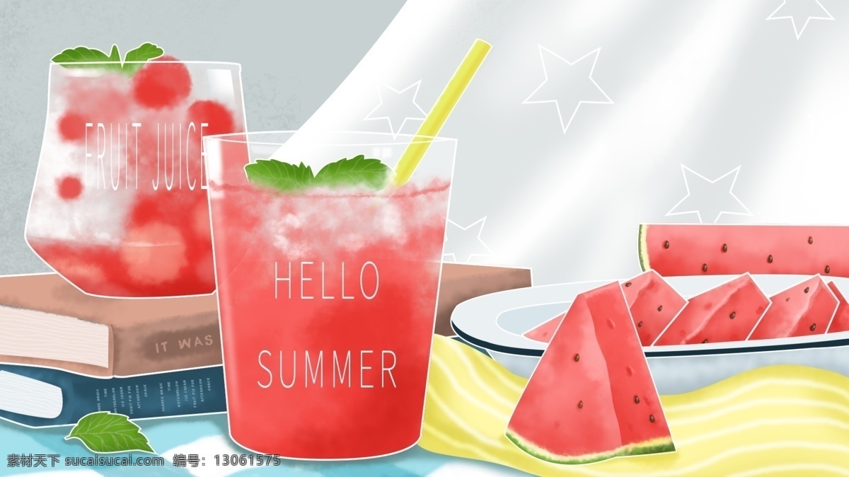 西瓜 果汁 夏季 插画 卡通 背景 清新 类 分层