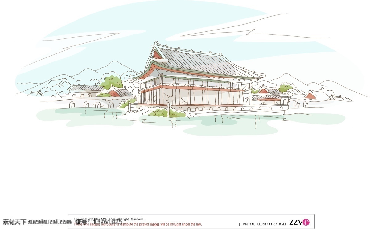 中国 古典 建筑 风光 古典建筑 古代建筑 典雅 宫殿 园林 湖水 矢量插画 动漫动画 风景漫画