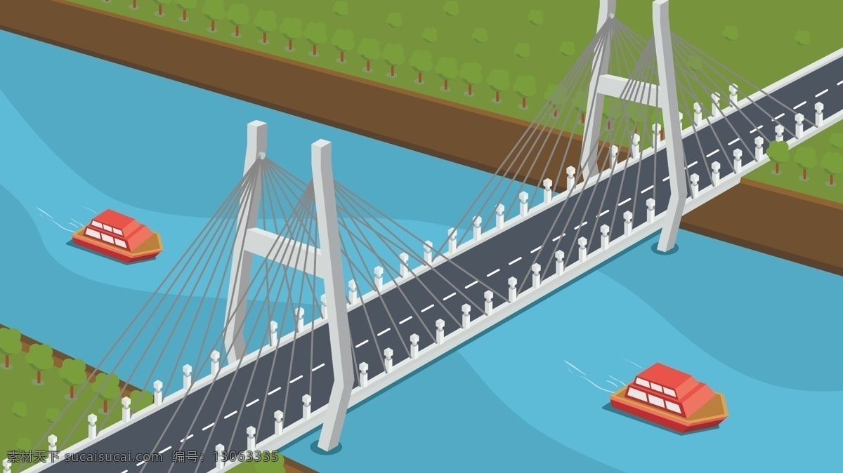 25d 大桥 斜拉索桥 公路桥 矢量 插画 旅游 风景 扁平化 城市 卡通 2.5d 景点 交通