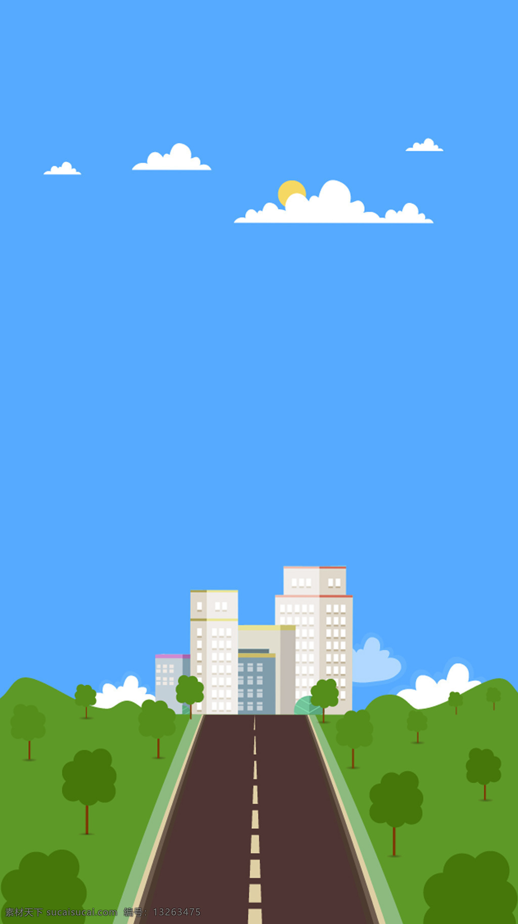 公路 建筑 绿树 h5 背景 手绘 卡通 白色建筑 h5背景