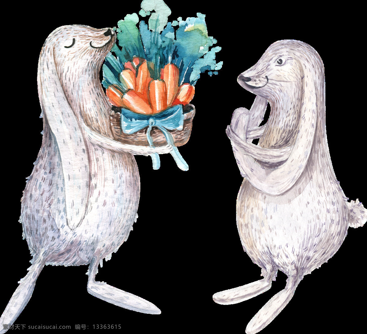 手绘 两 只 可爱 兔子 透明 胡萝卜 开心 聊天 雀跃 透明素材 免扣素材 装饰图片