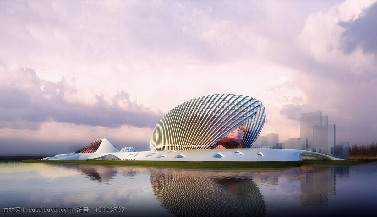 建筑 滨河 黄昏 卵形 效果图 环境设计 建筑设计