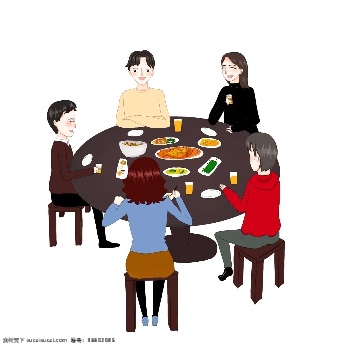 年夜饭 亲朋好友 同事 聚餐 聚会 过年 吃饭 春节 朋友 家人 团聚 手绘 人物 卡通 同学