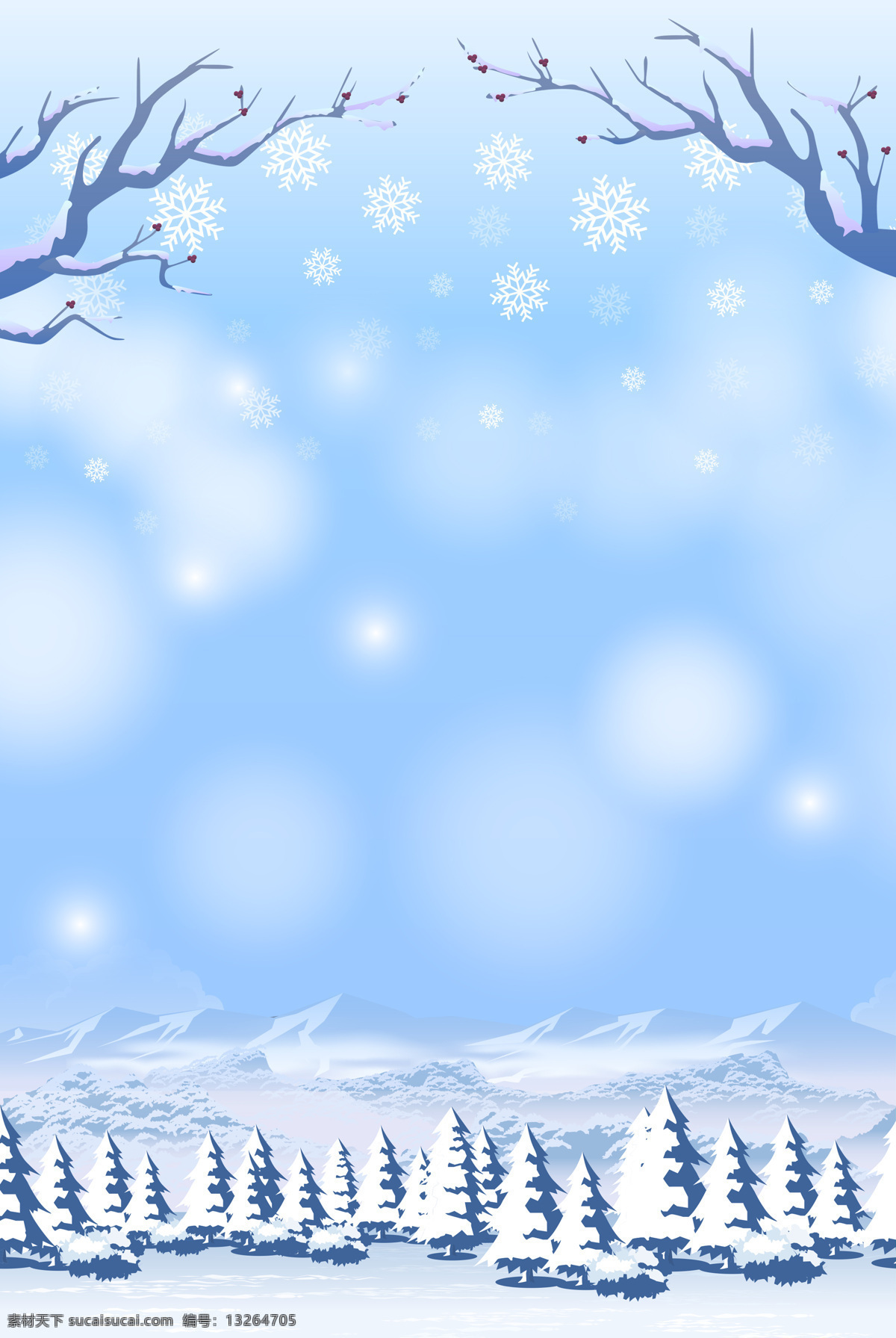 蓝色 冬季 浪漫 卡通 背景 冬天 积雪 树木 树枝 雪地 雪花