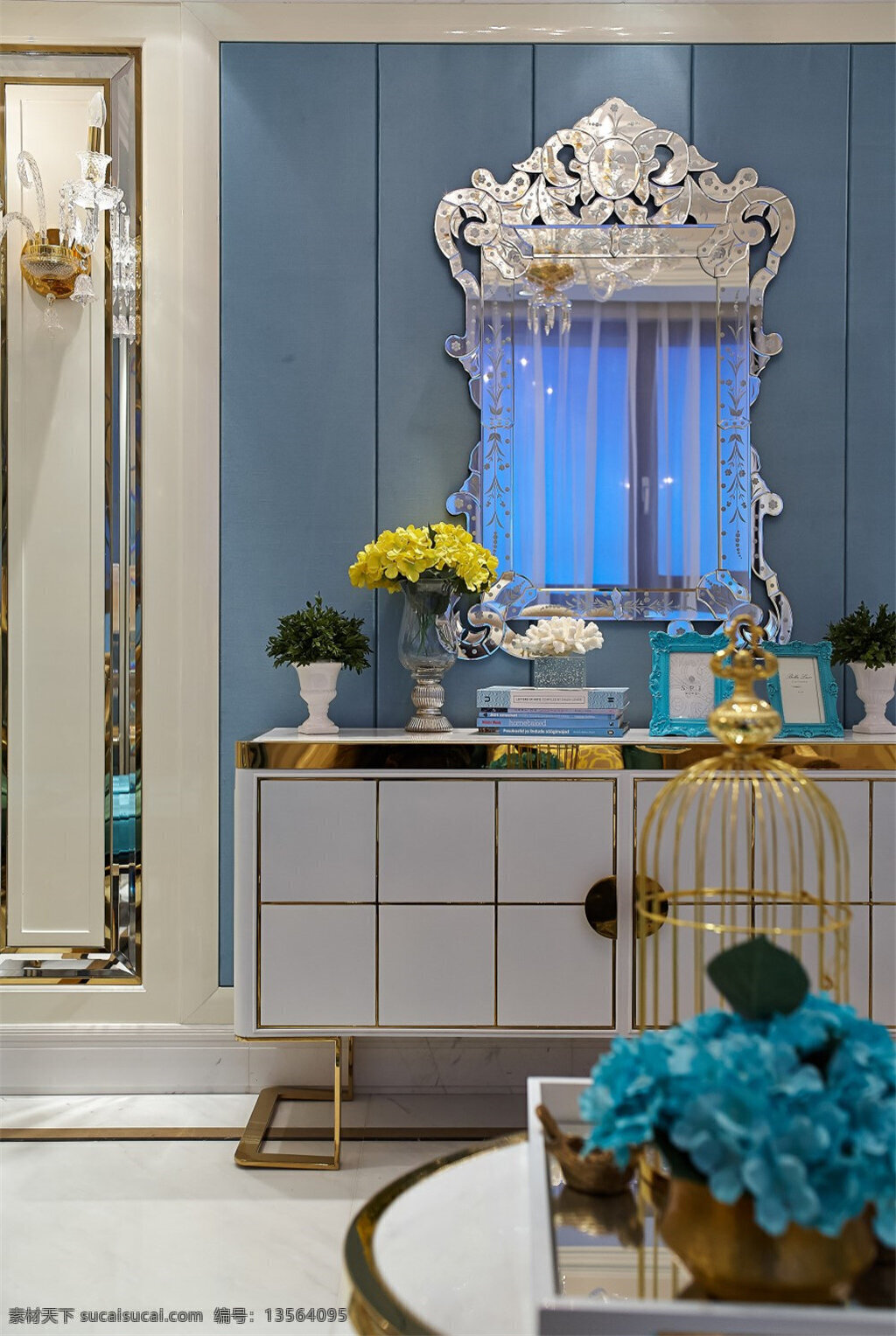 欧式 卧室 梳妆台 装修 效果图 圆形桌子 地板砖 古典欧式镜子 蓝色背景 射灯 白色灯光