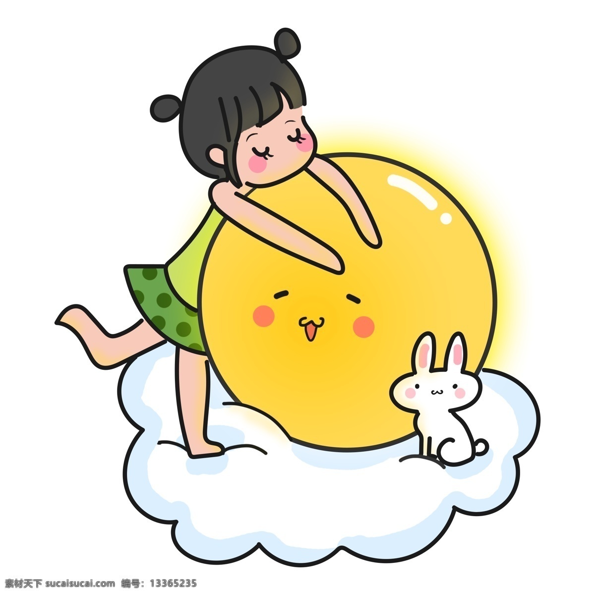 中秋节 圆月 赏月 兔子 白兔 可爱 卡通 女孩 手绘 中秋 月亮 云朵 月兔 玉兔 配图 满月