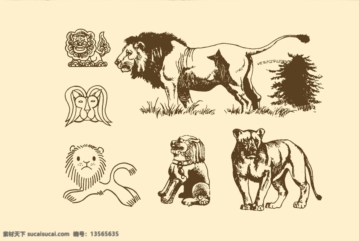 动物图案 狮子 卡通 动物 纹样 图案 白描 简笔画 儿童画 野兽 分层 源文件