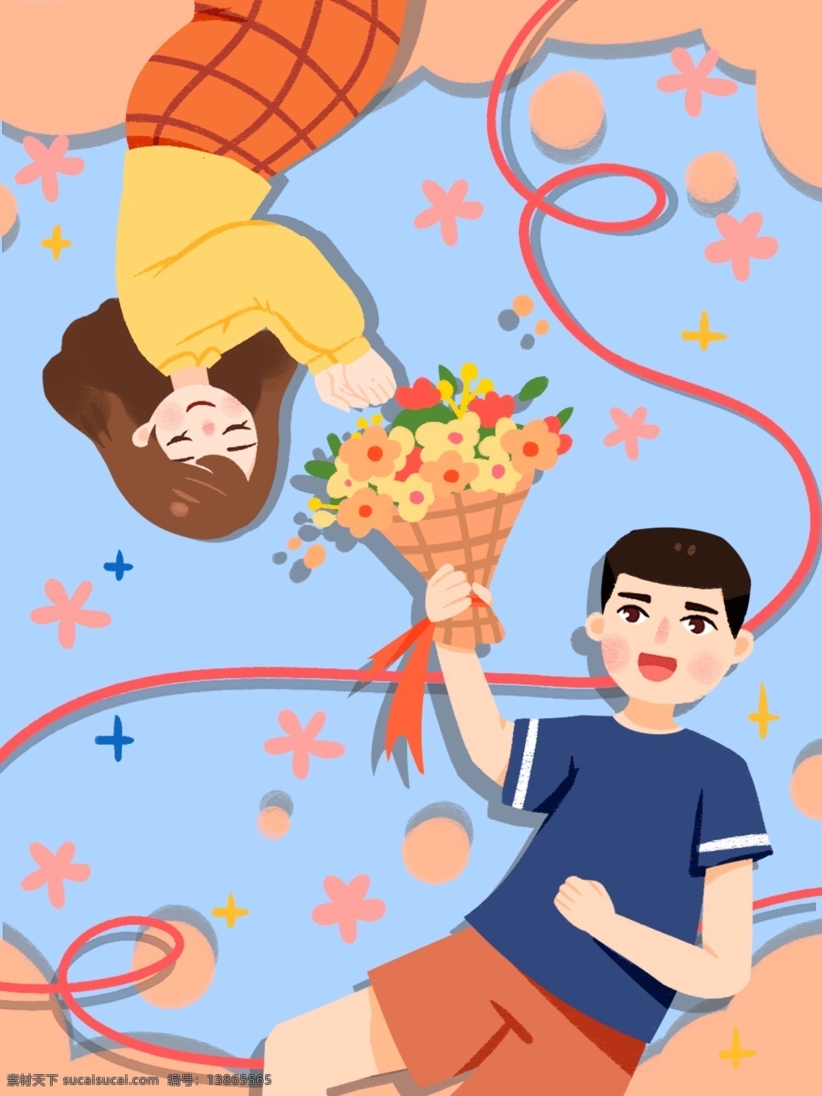 浪漫 手绘 情人节 送花 背景 情人 情侣 红线 花束 花