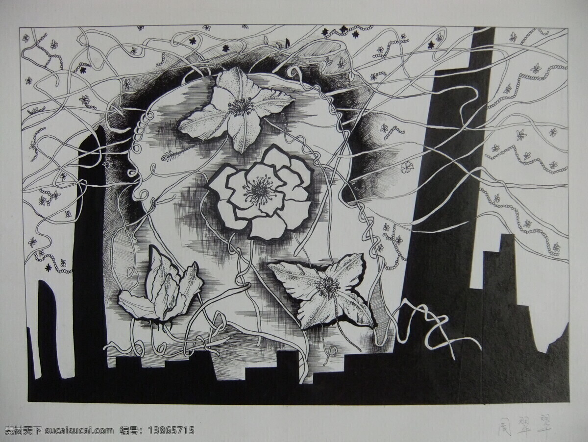 抽象画 黑白 黑白插画 花 楼房 文化艺术 艺术 设计素材 模板下载 艺术抽象画 钢丝 插画集
