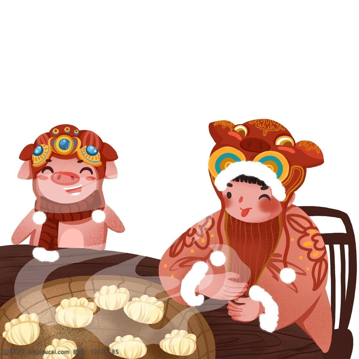过年 吃 饺子 小女孩 卡通 小 猪 喜庆 插画 复古 女孩 新年 吃饺子 小猪 猪年 2019 年 元素 手绘
