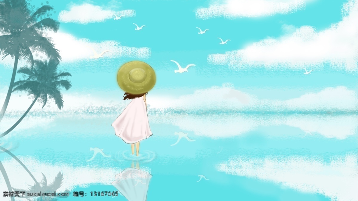 世界 旅游 日 蓝天 白云 大海 清新 海鸥 椰树 女孩 裙子 帽子