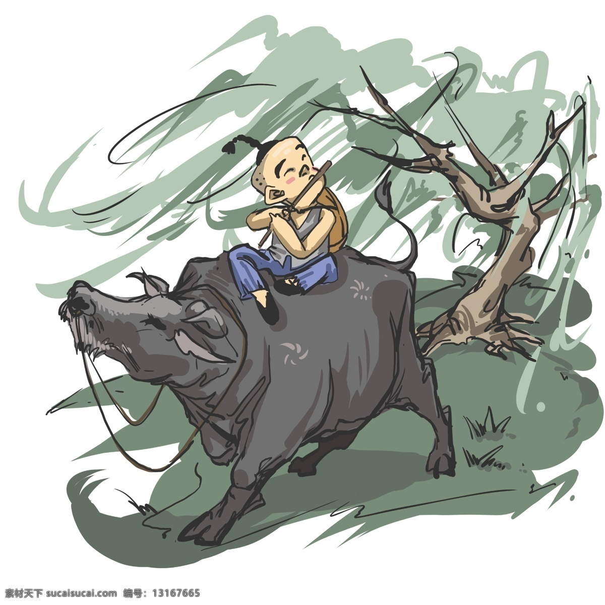 水墨 中国 风 牧童 牛 手绘 卡通 人物 彩色 装饰 平面设计 原创 透明底 免抠 节日 海报装饰 清新 通用 水牛