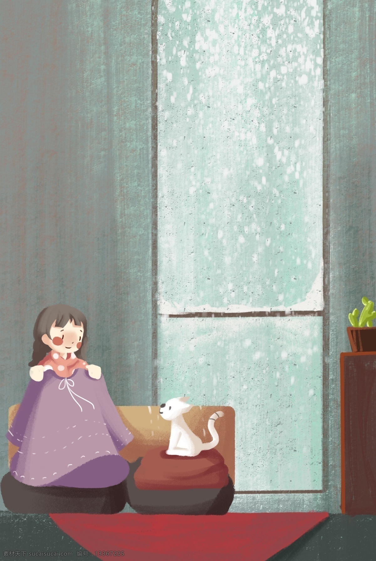 鞋套 里 小女孩 创意家居 促销 海报 家居 温馨 创意 窗前 女孩 猫咪 植物 插画风 促销海报