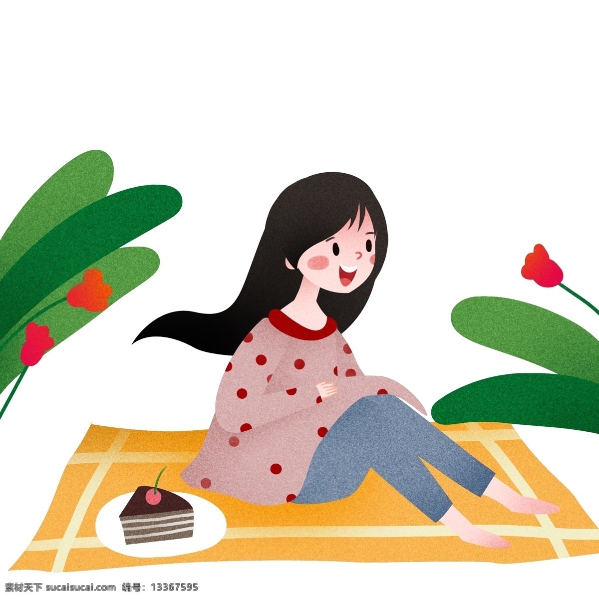 春游 踏青 野餐 插画 野餐的女孩 卡通插画 春运插画 踏青插画 春游踏青 踏青游玩 红色的花朵
