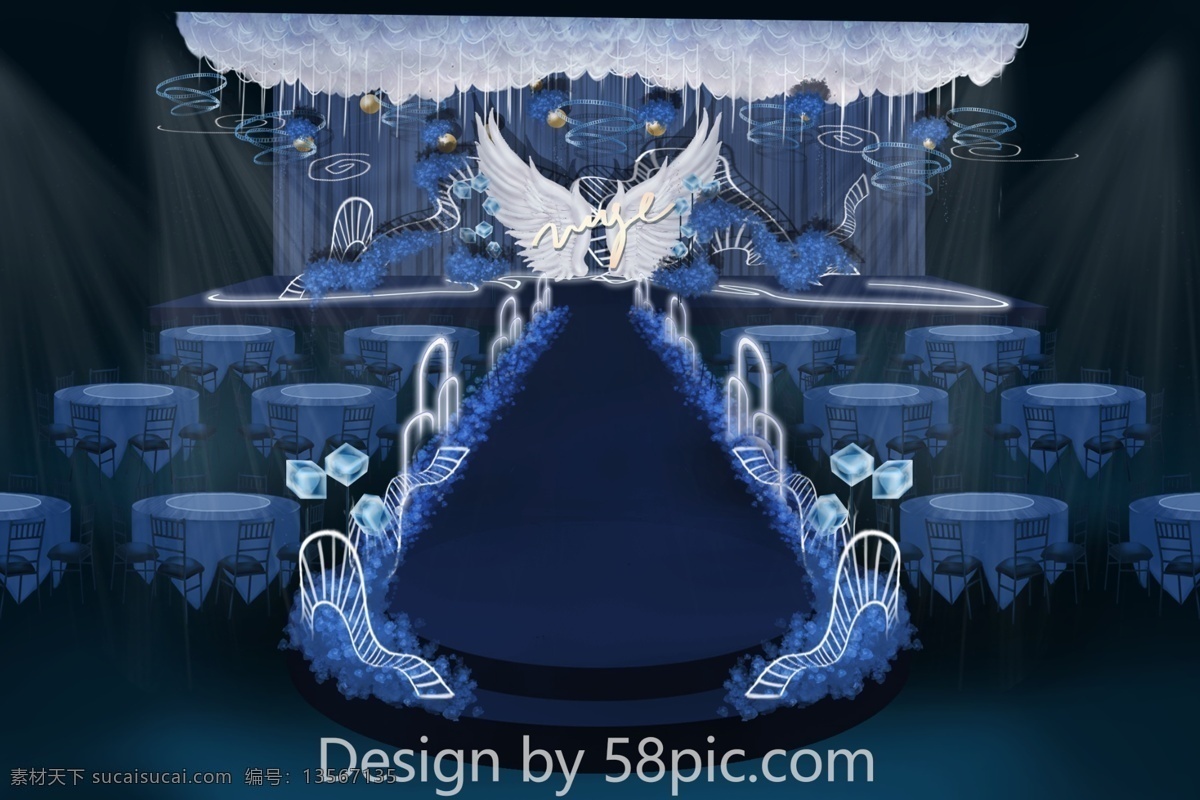 星空 浪漫婚礼 效果图 蓝色 梦幻 翅膀 星球 灯带 方形钻石灯 爱 n 次方 路 引 纱幔吊顶 圆形待嫁区