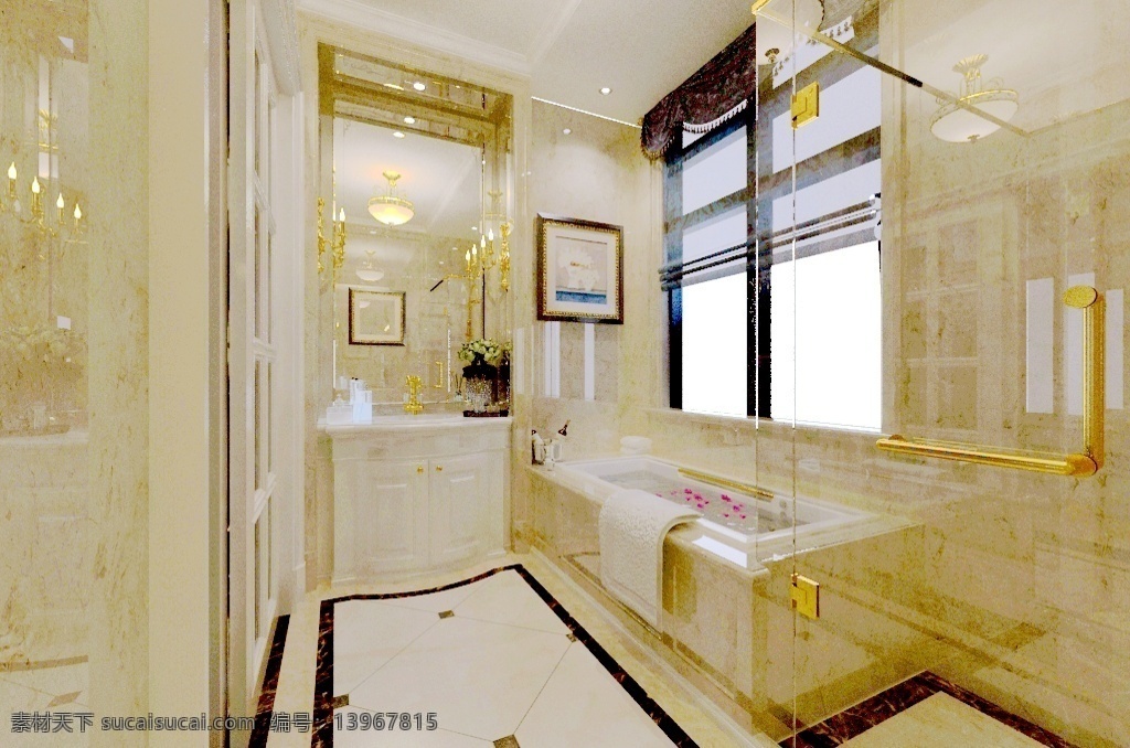 现代 欧式 混 搭 卫生间 浴缸 效果图 大气 家装 轻奢 豪华 复古 暖色系 淋雨