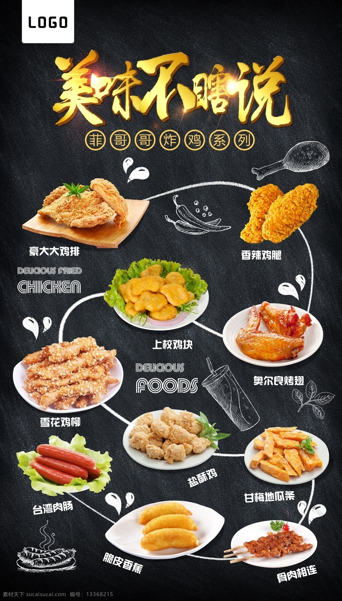 高清 小吃 炸 点 炸鸡 烤肠 户外 喷绘 炸点 脆皮香蕉 骨肉相连 雪花鸡柳 奥尔良烤翅 香辣鸡腿 台湾肉肠 高清喷绘 展板模板