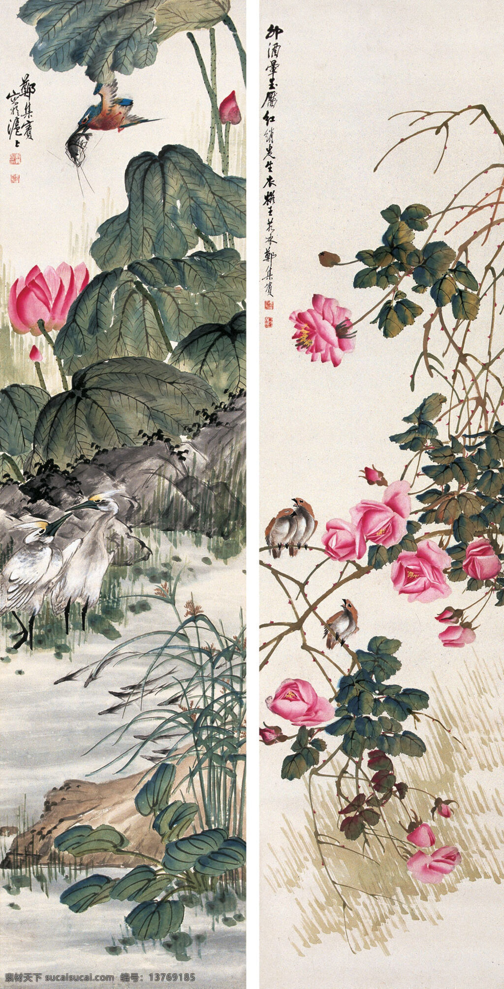 清景 新春 白鹭 茶花 刺绣 荷花 水草 小溪 中国画 两屏 写意花鸟画 翠鸟 山雀 郑集宾作品 工艺美术 平面广告 装饰设计 文化艺术