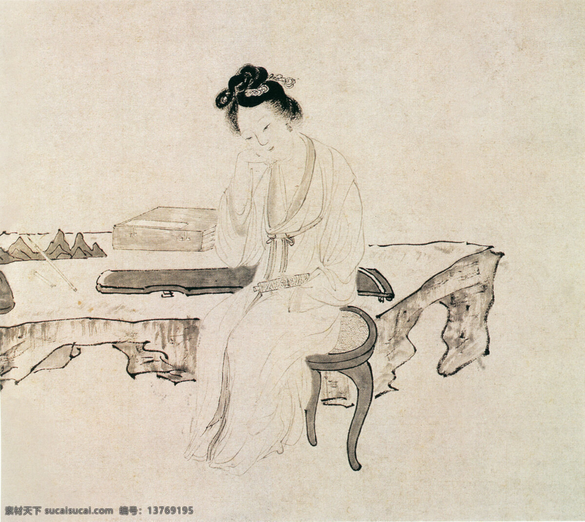 侍女免费下载 古画 国画 侍女 水墨 休息 家居装饰素材 山水风景画