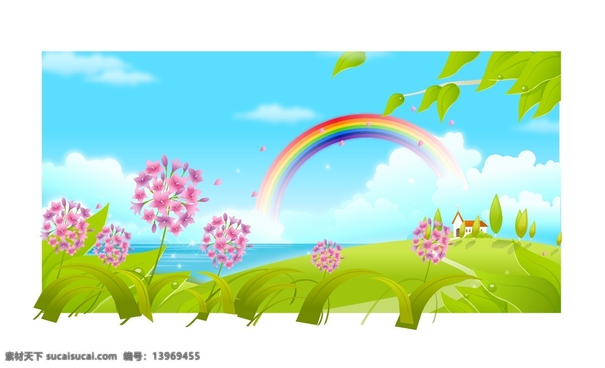 蓝天 白云 彩虹 树叶 花草 矢量风景图 生物世界