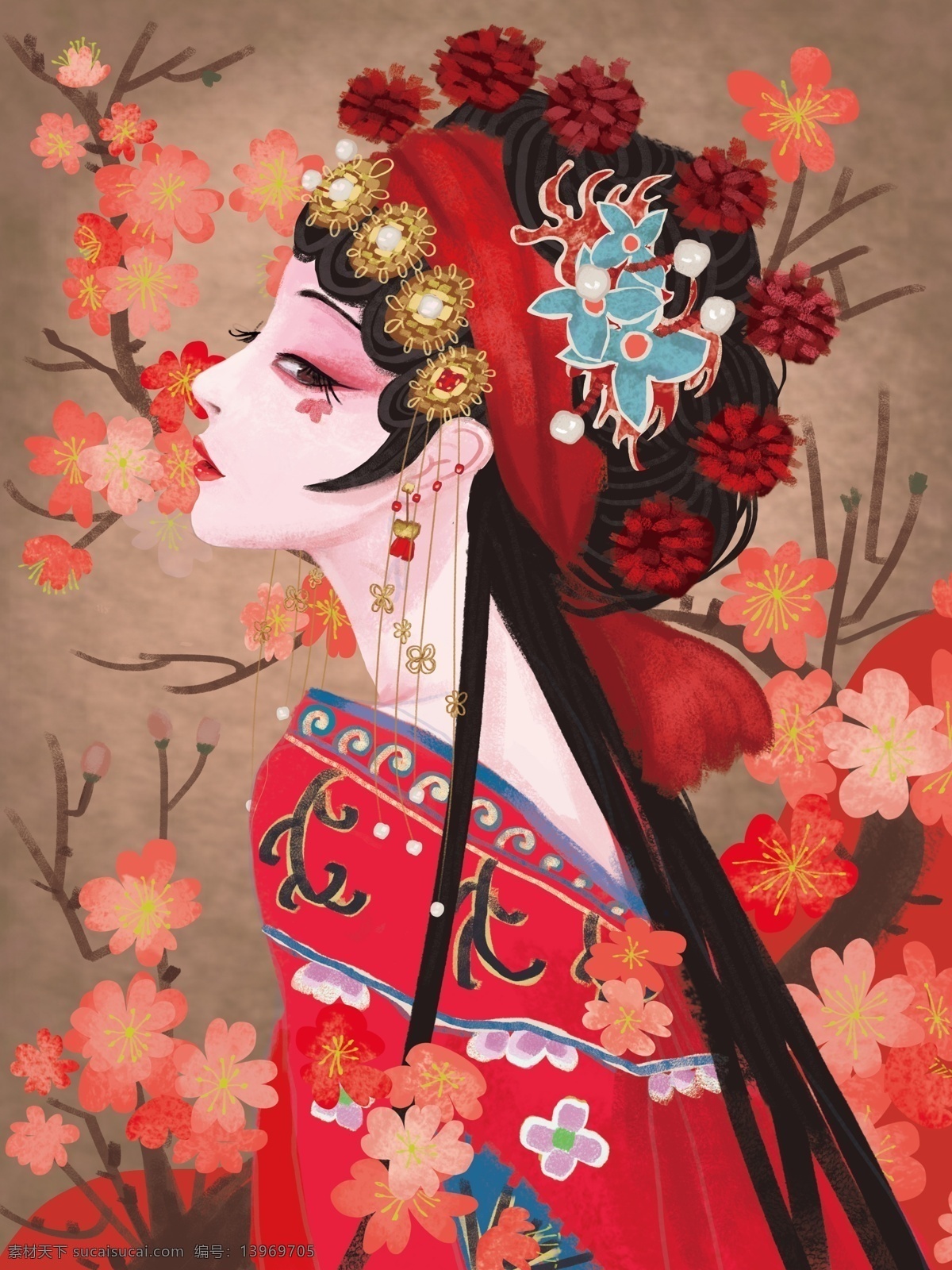 国画 中国风 国潮 潮画 插画 古代美女 美女 梅花 桃花 京剧 戏曲美女 戏曲 古典 艺术 人