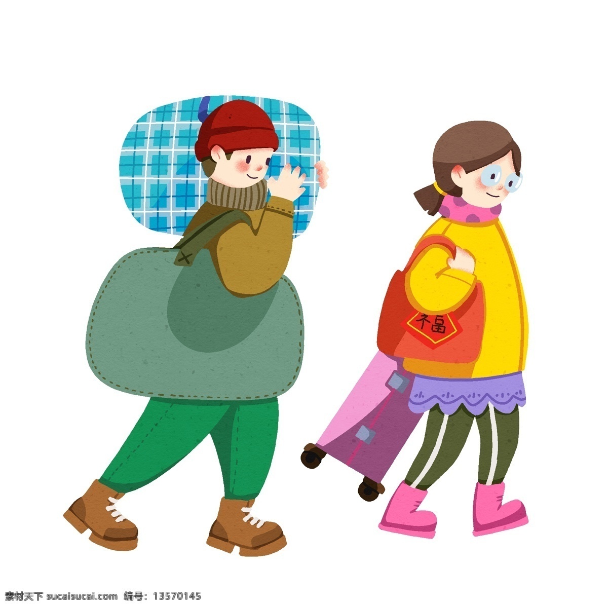 春运 手 行李 小女孩 蓝色的背包 红色的福字 漂亮的小女孩 回家团聚 春运人物插画 粉色的行李箱