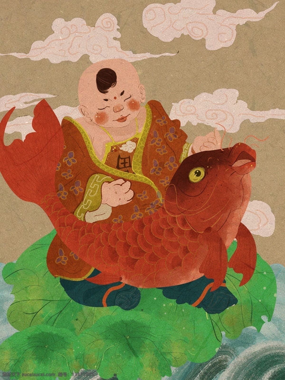 创意 中 国风 传统 年画 年年有余 福娃 抱 锦鲤 场景 插画 传统插画 新年插画 吉祥 鲤鱼 贺图