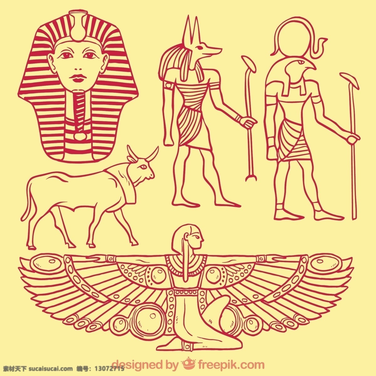 粗略 埃及 文化 元素 一方面 手绘 制图 埃及文化 神 手画 画 古老的 粗略的 法老 狮身人面像 神话中的神 荷鲁斯 阿努比斯 神秘 象形文字 黄色