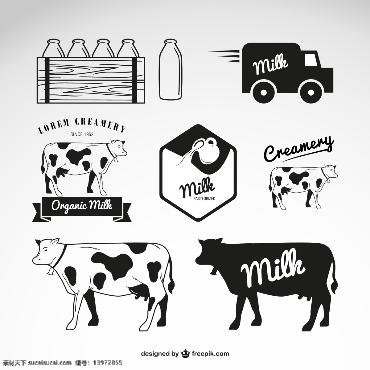 黑色 乳制品 标签 ai格式 奶牛 牛奶 牛奶瓶 矢量图 矢量 送货车 milk