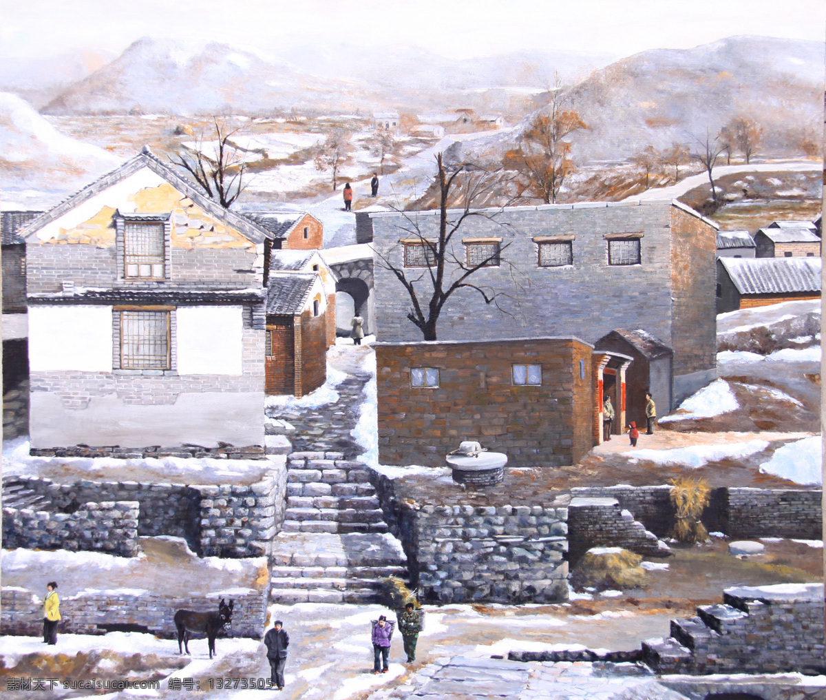 白雪 冬天 风景 寒冬 寒冷 绘画书法 枯树 山村 手绘油画 腊月 油画 下雪 村民 雪山 文化艺术 装饰素材