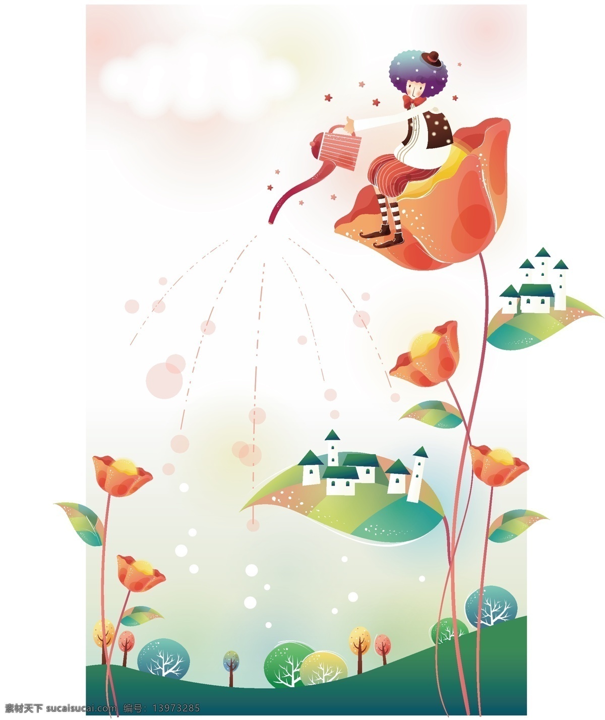 浇水 儿童 草地 房子 花朵 卡通背景 矢量人物 树叶 矢量图 其他矢量图